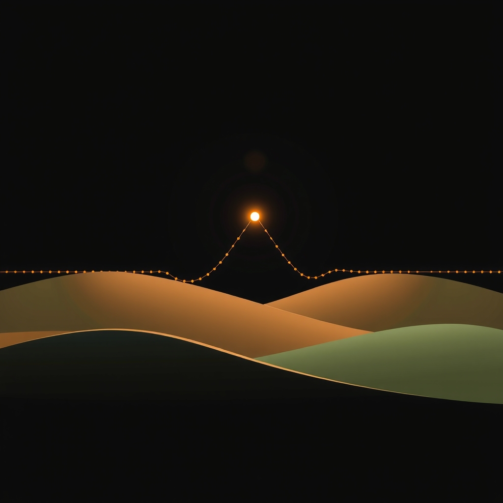 Two diverging lines of nodes rejoining at a merge point over a flat rural landscape with fading signal arcs
